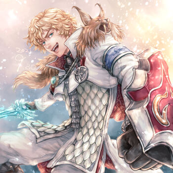 Rule 34 | 1boy, :d, aqua eyes, armband, black gloves, blonde hair, blue armband, cowboy shot, dated, fur trim, gloves, holding, holding sword, holding weapon, looking at viewer, male focus, morito leaf9, open mouth, pants, patroklos alexander, popped collar, short hair, smile, solo, soul calibur, soul calibur (weapon), soulcalibur, soulcalibur v, sword, weapon, white pants