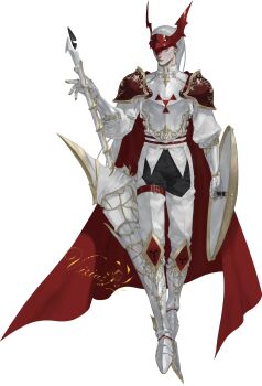 1boy armor breastplate cape cuirass digimon dukemon eve7d6 full_armor gauntlets gloves greaves highres holding holding_weapon humanization knight looking_at_viewer pauldrons plate_armor red_cape shoulder_armor simple_background weapon
