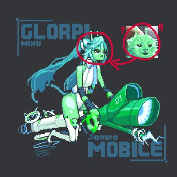1girl alien aqua_hair bare_hips bare_shoulders black_eyes boots breasts character_name collared_leotard colored_skin commentary english_commentary frown full_moon glorpi_miku_(dyarikku) green_pupils green_skin grey_background hatsune_miku highleg highleg_leotard leotard long_hair moon original pixel_art riding simple_background small_breasts solo soncak thigh_boots twintails vehicle_request vocaloid white_boots white_leotard