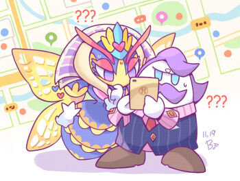 1boy 1girl ? arthropod_girl beco_(100me) bee blue_eyes bug crown cuff_links facial_hair formal_clothes gloves gold_crown insect insect_wings kirby:_planet_robobot kirby:_triple_deluxe kirby_(series) map max_profitt_haltmann monster_girl mustache nintendo purple_eyes purple_hair queen_sectonia suit sweatdrop tablet wasp wings
