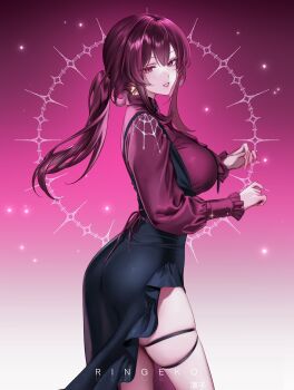 1girl alternate_costume artist_name ass black_dress breasts commentary cowboy_shot dress english_commentary fingernails gradient_background hands_up highres honkai:_star_rail honkai_(series) kafka_(honkai:_star_rail) large_breasts long_dress long_hair long_sleeves looking_at_viewer looking_to_the_side low_ponytail parted_lips ponytail purple_background purple_eyes purple_hair purple_shirt ringeko-chan shirt skindentation smile solo white_background