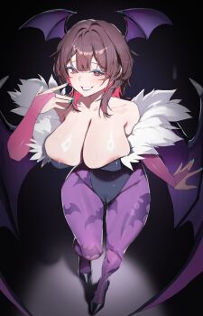1girl absurdres animal_print bare_shoulders bat_print black_background black_leotard black_survival blush breasts cameltoe cleavage cosplay darkstalkers demon_wings estelle_(black_survival) eyeshadow full_body head_wings highres large_breasts leotard makeup morrigan_aensland morrigan_aensland_(cosplay) multicolored_hair multiple_wings pantyhose parted_lips pink_hair purple_eyeshadow purple_lips purple_pantyhose red_eyes simple_background smile solo standing tunamayo_(dsasd751) two-tone_hair wings