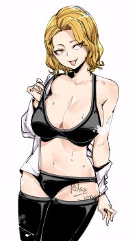 1girl artist_name black_bra black_panties black_thighhighs blonde_hair bra breasts collarbone commentary curtained_hair english_commentary highres large_breasts looking_at_viewer medium_hair navel open_clothes open_shirt panties relaxjon sazanami_kuina shirt simple_background solo sweat thighhighs tongue tongue_out tougen_anki underwear white_background white_shirt yellow_eyes