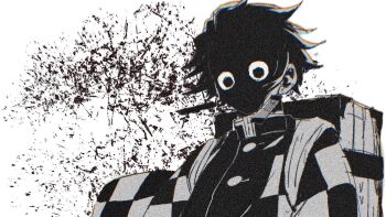 1boy backpack bag blood buttons checkered_haori demon_slayer_uniform fuayatori95 greyscale haori high_collar jacket japanese_clothes kamado_tanjirou kimetsu_no_yaiba male_focus monochrome shaded_face short_hair solo spiked_hair upper_body white_background