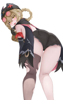 1girl absurdres ass ass_focus bare_shoulders blonde_hair blush detached_sleeves from_behind genshin_impact goggles goggles_on_head hat highres izumiillus jahoda_(genshin_impact) leaning leaning_forward long_hair looking_at_viewer looking_back open_mouth short_shorts shorts single_thighhigh smile solo thighhighs torn_clothes torn_thighhighs