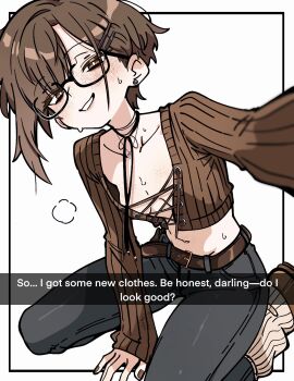 1girl asami-chan body_freckles breasts bright_pupils brown_eyes brown_hair collarbone crop_top denim english_text freckles grin hair_ornament hairclip highres hozuki_asami_(asami-chan) jeans kneeling looking_at_viewer navel original pants short_hair small_breasts smile solo white_background white_pupils