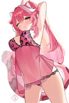 1girl ;&lt; absurdres animal_ears arm_behind_head armpits arms_up babydoll breasts center-flap_bangs cleavage double-parted_bangs hayate_fish highres hololive hololive_english lace lace-trimmed_panties lace_trim large_breasts leopard_print leopard_print_panties long_hair looking_at_viewer multicolored_hair navel no_pants one_eye_closed panther_ears panther_girl panther_tail panties pink_babydoll pink_hair pink_panties print_panties raora_panthera sidelocks simple_background solo streaked_hair stretching tail underwear very_long_hair virtual_youtuber white_background white_hair yellow_eyes