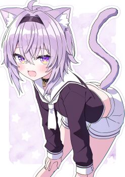 1girl :d absurdres ahoge animal_ear_fluff animal_ears black_choker black_hairband black_shirt blush border cat_choker cat_ears cat_girl cat_tail choker commentary_request dot_nose fang feet_out_of_frame hair_between_eyes hair_intakes hairband hands_on_own_knees highres hololive kaie leaning_forward looking_at_viewer necktie nekomata_okayu nekomata_okayu_(school_uniform) official_alternate_costume open_mouth outline outside_border purple_background purple_eyes purple_hair sailor_collar school_uniform serafuku shirt short_hair shorts skin_fang smile solo standing star_(symbol) star_symbol_background tail virtual_youtuber white_border white_necktie white_outline white_sailor_collar white_shorts