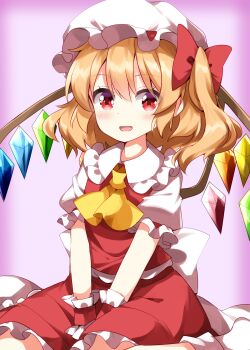 Rule 34 | 1girl, :d, ascot, blonde hair, blush, bow, collared shirt, commentary request, cowboy shot, crystal, flandre scarlet, frilled shirt collar, frilled skirt, frills, hair bow, hat, hat ribbon, highres, looking at viewer, mob cap, multicolored wings, open mouth, pink background, red bow, red eyes, red ribbon, red skirt, red vest, ribbon, ruu (tksymkw), shirt, short hair, short sleeves, skirt, skirt set, smile, solo, touhou, vest, white hat, white shirt, wings, yellow ascot