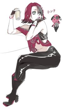 1girl animal_crossing aqua_eyes bare_shoulders black_boots black_pants boots bracelet can cherry_(animal_crossing) chibi chibi_inset closed_mouth colored_tips commentary_request creature_and_personification crossed_legs eyelashes face_piercing fingerless_gloves full_body gloves grey_hair hand_on_own_chin high_heel_boots high_heels holding holding_can invisible_chair jewelry lip_piercing lips looking_afar magenaiman3 multicolored_hair navel nintendo pants personification piercing red_hair shiny_clothes short_hair sitting stomach streaked_hair torn_clothes