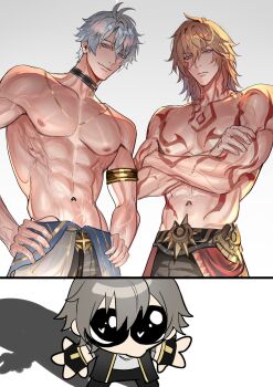 3boys abs antenna_hair arm_tattoo armlet black_choker blonde_hair blue_eyes blue_hair braid caelus_(honkai:_star_rail) chest_tattoo choker closed_mouth collarbone commentary crossed_arms english_commentary facial_tattoo gold_armlet grey_hair hair_between_eyes hands_on_own_hips haze_(ha_ze) highres honkai:_star_rail honkai_(series) jewelry male_focus medium_hair multiple_boys muscular muscular_male mydei_(honkai:_star_rail) navel necklace nipples pectorals phainon_(honkai:_star_rail) red_tattoo short_hair side_braid side_part smile tattoo topless_male trailblazer_(honkai:_star_rail) veins veiny_arms yaoi yellow_eyes
