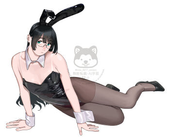 1girl alternate_costume animal_ear_hairband animal_ears black_leotard black_shoes breasts commentary_request detached_collar fake_animal_ears grey_pantyhose hairband highres kantai_collection leotard looking_at_viewer lying ojipon on_side ooyodo_(kancolle) pantyhose playboy_bunny rabbit_tail see-through_strap shoes simple_background sitting small_breasts smile solo strapless strapless_leotard tail watermark white_background wrist_cuffs yokozuwari