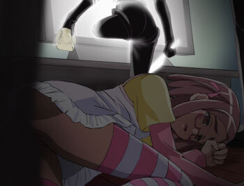 00s 1girl after_rape blush_stickers brown_hair clothes_theft eyebrows glasses hair_ribbon haruyama_kazunori holding holding_unworn_clothes holding_panties holding_underwear holding_unworn_clothes kaidan_restaurant knife no_panties oozora_ako panties ribbon socks striped_clothes striped_thighhighs television theft thighhighs underwear underwear_theft unworn_panties white_panties you_gonna_get_raped zettai_ryouiki