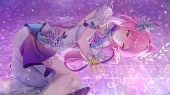 1girl bare_shoulders breasts cyrene_(honkai:_star_rail) cyrene_(ripples_of_past_reverie)_(honkai:_star_rail) detached_sleeves diamond-shaped_pupils diamond_(shape) dress flower hair_flower hair_ornament hashtag-only_commentary highres honkai:_star_rail honkai_(series) jewelry large_breasts long_hair lying o_yuuuuu5 on_side pink_hair purple_eyes puzzle ring smile solo symbol-shaped_pupils very_long_hair wedding_ring white_dress