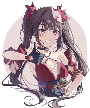 Rule 34 | 1girl, bare shoulders, bell, black choker, black gloves, black sash, breasts, brown background, brown hair, choker, collarbone, commentary, criss-cross halter, detached sleeves, dress, eyeliner, facial mark, floral print, fox mask, gloves, grin, hair ornament, hair ribbon, halter dress, halterneck, hand up, highres, honkai: star rail, honkai (series), long hair, looking at viewer, mahiru yura, makeup, mask, mask on head, neck bell, o-ring, obi, red dress, red eyeliner, red eyes, red ribbon, red sleeves, ribbon, sash, scene reference, shaded face, sleeveless, sleeveless dress, small breasts, smile, solo, sparkle (honkai: star rail), standing, star (symbol), teeth, thumbs up, twintails, unworn mask, upper body, very long hair, white background, wide sleeves