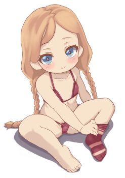 1girl baraag barefoot blue_eyes blush bra braid closed_mouth feet female_focus flat_chest full_body linnea_(baraag) loli long_hair msmonako panties red_bra red_panties red_socks simple_background single_sock sitting smile socks solo spread_legs striped_clothes striped_socks thighs toes twin_braids underwear very_long_hair white_background