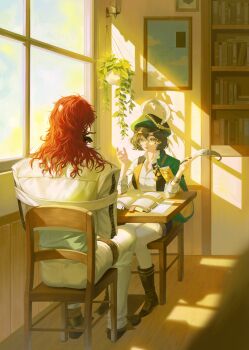 1boy 1girl :d absurdres aleph_(reverse:1999) black_shoes black_shorts black_vest book bookshelf boots brown_boots brown_hair cape chair face-to-face facing_another full_body green_cape green_eyes green_hat hands_up hanging_plant hat hat_feather highres holding holding_quill indoors long_hair looking_at_another on_chair open_book open_mouth painting_(object) pants pantyhose picture_frame plant potted_plant quill recoleta_(reverse:1999) red_hair reverse:1999 shirt shoes shorts sitting smile table vest white_pants white_pantyhose white_shirt window window_shadow yama_(yama_7182)