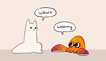 black_eyes brown_eyes commentary creature creature_focus english_commentary flickeringnight inkling inkling_(swim_form) looking_at_another looking_back meowing monster nintendo no_humans on_floor rain_world simple_background slugcat speech_bubble splatoon_(series) squid standing suction_cups survivor_(rain_world) tentacles white_fur woomy