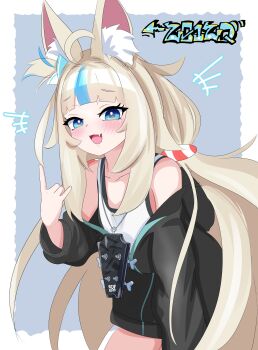 1girl \n/ absurdres ahoge alternate_costume animal_ear_fluff animal_ears artist_name bare_shoulders black_hoodie blonde_hair blue_bow blue_eyes blue_hair blunt_bangs blush bow cat_ears commentary eyebrows_hidden_by_hair fang fish_girl graffiti guitar_necklace hair_bow highres hood hoodie indie_virtual_youtuber lifebuoy_hair_ornament long_hair long_sleeves looking_at_viewer low_twintails multicolored_hair off_shoulder one_side_up open_mouth rei_(2812q) sameko_saba shirt simple_background skin_fang sleeveless solo streaked_hair tank_top twintails upper_body very_long_hair white_hair white_shirt