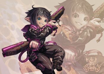 Rule 34 | 1girl, black hair, blunt bangs, commentary request, dual wielding, earrings, final fantasy, final fantasy xiv, green eyes, gun, highres, holding, holding gun, holding weapon, jewelry, lalafell, mihira (tainosugatayaki), pointy ears, short hair, smile, sugar riot, weapon, zoom layer