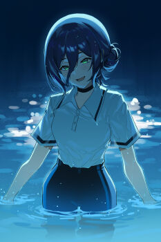 1girl absurdres black_choker blue_hair blue_shorts chainsaw_man choker commentary green_eyes hair_between_eyes highres looking_at_viewer open_mouth polo_shirt pool reze_(chainsaw_man) shirt shorts solo unyun wading wet wet_clothes wet_hair white_shirt