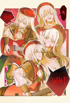 1girl 7-string_guitar absurdres ascot bang_dream! bang_dream!_it&#039;s_mygo!!!!! beret black_capelet black_pantyhose blood blood_on_face capelet chinese_commentary closed_mouth commentary_request earrings electric_guitar extended_range_guitar guitar gun hat highres holding holding_gun holding_weapon instrument jewelry long_hair long_sleeves mortis_(bang_dream!) mortis_(costume)_(bang_dream!) multiple_views ne2op open_mouth outline pantyhose pantyhose_under_shorts red_hat red_shorts shorts teeth upper_teeth_only wakaba_mutsumi weapon white_ascot white_outline yellow_eyes