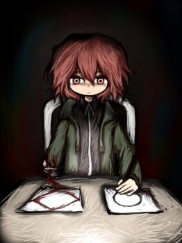 1other amputee androgynous bandaged_arm bandages black_background black_shirt blood blood_drip blood_on_clothes chair circle closed_mouth collared_shirt diamond_(shape) drawing_(action) expressionless frown green_jacket hair_between_eyes hand_on_table highres holding holding_pen hood hood_down hooded_jacket jacket len&#039;en long_sleeves looking_at_viewer on_chair open_clothes open_jacket other_focus paper pen red_eyes red_hair renlei_jing_shi_wo_ziji shirt shitodo_hooaka short_hair sitting solo table upper_body zipper