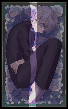 Rule 34 | 1boy, black jacket, black pants, box, character doll, colored eyelashes, commentary request, doll, expressionless, gakuran, grey eyes, highres, in box, in container, jacket, juusan kihei bouei ken, kogoe (user hxsj4452), looking at viewer, lying, male focus, no shoes, okino tsukasa, on side, pants, school uniform, short hair, sideways glance, socks, solo, white hair