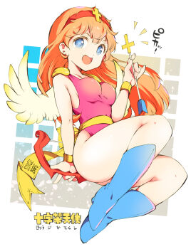 1girl absurdres angel angel_wings bare_shoulders bikkuriman blue_boots blue_eyes boots bow_(weapon) breasts commentary_request full_body highleg highleg_leotard highres holding holding_bow_(weapon) holding_weapon ichizen_(o_tori) juujika_tenshi leotard orange_hair pink_leotard red_arrow_(weapon) solo thighs weapon wings