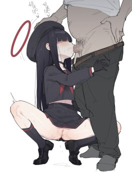 1boy 1girl :>= black_footwear black_hair black_serafuku black_skirt blue_archive blush censored closed_eyes clothes_lift fellatio full_body hand_on_another's_head hat healthyman hetero justice_task_force_member_(blue_archive) loli long_hair long_sleeves mosaic_censoring neckerchief no_panties oral penis pleated_skirt pubic_hair pussy pussy_juice sailor_collar school_uniform sensei_(blue_archive) serafuku shirt shoes simple_background skirt socks solo_focus spread_legs squatting sweat testicles white_background