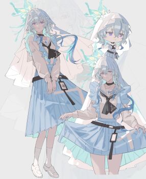 1girl absurdres alternate_costume black_choker black_neckerchief blue_hair blue_skirt chibi chibi_inset choker closed_mouth commentary_request hair_between_eyes highres hikaku_(siyrgr) long_hair long_skirt long_sleeves looking_at_viewer multiple_views neckerchief purple_eyes sailor_collar school_uniform shirt shirt_tucked_in shoes shorekeeper_(wuthering_waves) skirt smile socks veil white_sailor_collar white_shirt white_shoes white_socks white_veil wuthering_waves