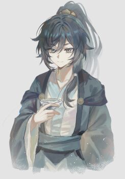 Rule 34 | 1girl, absurdres, blue eyes, chinese clothes, closed mouth, commentary, cup, fu hua, grey hair, hanfu, hashtag-only commentary, highres, holding, holding cup, honkai (series), honkai impact 3rd, jacket, long hair, ponytail, solo, tea, white background, white hanfu, yuha6666