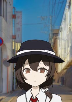 Rule 34 | 1girl, black hat, brown eyes, brown hair, collared shirt, commentary, facing viewer, hair ribbon, hat, highres, medium hair, necktie, nikdhiro, open mouth, parted lips, photo background, red necktie, ribbon, shirt, solo, touhou, usami renko, white ribbon, white shirt