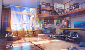 3d absurdly_detailed_composition aquarium bed book book_stack cabinet clock cloud cup cushion desk grandfather_clock highres indoors lamp light_rays loaded_interior mezzanine nikki_(series) no_humans railing rug scenery shelf shining_nikki sitai_xiii sky stairs sunbeam sunlight table television wall_clock window wooden_floor