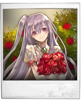 1girl artist_request blush bouquet brooch bush commentary commentary_request dress english_commentary flower game_cg gem gown green_gem grey_hair high_collar holding holding_bouquet jane_(king's_raid) jewelry king's_raid korean_commentary long_hair looking_at_viewer mixed-language_commentary official_art one_side_up photo_(object) portrait puffy_sleeves red_eyes red_flower red_ribbon red_rose ribbon rose second-party_source smile solo white_dress yellow_dress