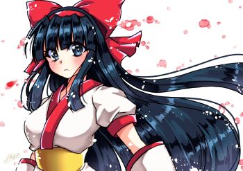 Rule 34 | 1girl, ainu clothes, artist name, blue eyes, blue hair, blush, breasts, cherry blossoms, expressionless, gloves, hair ribbon, highres, large breasts, looking at viewer, nakoruru, ribbon, samurai spirits, snk, solo, the king of fighters