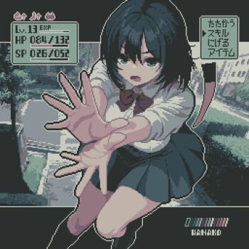 black_hair black_skirt black_socks bow bowtie commentary_request gameplay_mechanics green_eyes health_bar highres necktie original pixel_art red_bow red_bowtie school_uniform shirt short_hair skirt socks specialhanako white_shirt