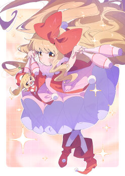 >_o 2girls blonde_hair blunt_bangs boots border bow chibi closed_mouth clown clown_drop club_(weapon) commentary_request crossed_legs determined dress floating_hair full_body furrowed_brow grid_background hair_bow hat highres holding holding_club holding_weapon jester_cap juggling_club jumpsuit kusu_kusu_(shugo_chara!) light_blush long_hair magical_girl mashiro_rima multiple_girls neck_ruff one_eye_closed orange_background orange_eyes outside_border pantyhose petticoat pink_dress pointy_boots polka_dot_headwear pom_pom_(clothes) red_boots red_bow red_hat red_jumpsuit serizawa_serizane shugo_chara! sidelocks sleeveless sleeveless_dress solo_focus sparkle very_long_hair wavy_hair weapon white_border white_pantyhose