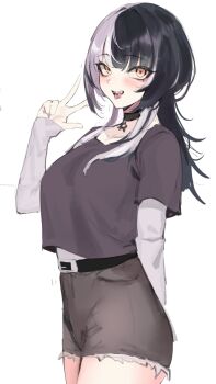 1girl alternate_costume belt black_belt black_choker black_hair breasts choker commentary english_commentary grey_hair grey_shorts grey_sleeves highres hololive hololive_english large_breasts layered_sleeves long_hair long_sleeves multicolored_hair open_mouth purple_shirt shiori_novella shirt short_over_long_sleeves short_shorts short_sleeves shorts solo split-color_hair two-tone_hair virtual_youtuber w white_background yellow_eyes yotamono