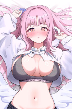1girl absurdres angel_wings blue_archive blush bra breasts cleavage crop_top feathered_wings hair_bun hair_ornament highres large_breasts long_hair long_sleeves looking_at_viewer low_wings lying midriff mika_(blue_archive) navel noaru on_back pink_hair single_side_bun solo stomach sweat underwear white_wings wings