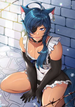 1boy animal_ears blue_eyes blue_hair cat_ears cat_tail choker crossdressing crossdressing_(mtf) dark_skin earrings eyepatch genshin_impact jewelry kaeya_(genshin_impact) maid male_focus male_maid muscular rayka sitting tail