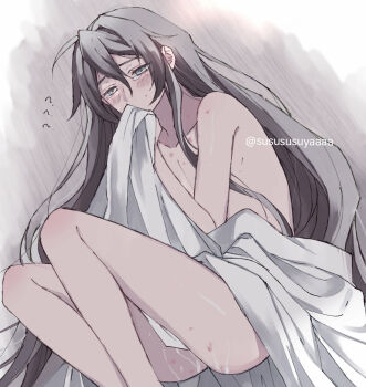 1boy ? aftersex ahoge alternate_hairstyle androgynous bed_sheet black_hair blanket blush clothes_grab collarbone covering_privates crying crying_with_eyes_open cum cum_in_ass cum_on_ass cum_on_body cum_on_male grey_eyes hair_between_eyes hair_down hickey highres long_hair lying male_focus messy_hair modao_zushi naked_sheet nude on_ground on_side pectorals sheet_grab sidelocks solo sweat tears trap twitter_username very_long_hair wei_wuxian yaichi00
