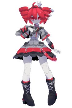 1girl ahoge black_boots boots buttons closed_mouth colored_skin commentary double-breasted drill_hair full_body grey_jacket grey_skin grey_skirt hair_between_eyes hand_up highres humanoid_robot jacket joints kasane_teto kasane_teto_(sv) legs_apart looking_at_viewer mechanization miniskirt pigeon-toed red_eyes red_hair robot robot_girl robot_joints short_hair simple_background skirt smile solo standing synthesizer_v tanaki_bouei twin_drills utau white_background