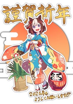 Rule 34 | 1girl, alternate costume, animal ears, arrow (projectile), bamboo, blue kimono, blush, braid, brown hair, commentary request, daruma doll, ear flower, floral print, floral print kimono, flower, hair flower, hair ornament, hamaya, happy new year, highres, holding, holding arrow, horse ears, horse girl, horse tail, japanese clothes, kimono, long hair, long sleeves, multicolored hair, new year, obi, open mouth, print kimono, purple eyes, sandals, sash, short hair, smile, socks, special week (umamusume), tail, teeth, tpicm, two-tone hair, umamusume, upper teeth only, white hair, white socks