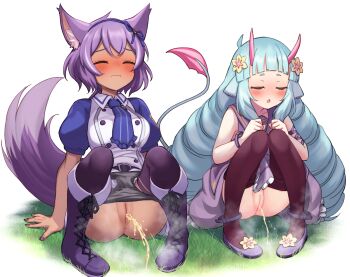 2girls absurdres animal_ears blush boots closed_eyes commentary_request commission delmin_(show_by_rock!!) highres horns long_hair multiple_girls nyama panties panty_pull pee peeing peeing_together pixiv_commission purple_hair purple_horns pussy ruhuyu_(show_by_rock!!) show_by_rock!! squatting tail thighhighs uncensored underwear variant_set wolf_ears wolf_tail
