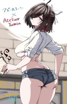 1girl absurdres ahoge ass atelier_(series) atelier_yumia azur_lane black_hair bow bread bread_slice breasts burnt_food butt_crack copyright_name denim denim_shorts food gluteal_fold grabbing_own_ass hair_bow hair_over_one_eye highres large_breasts light_blush looking_at_viewer mole mole_under_eye official_alternate_costume parted_lips purple_eyes shirt short_hair short_shorts shorts signature solo tied_shirt toast umyonge_(lkakeu) underboob white_bow white_shirt yumia_liessfeldt yumia_liessfeldt_(everyone's_favorite_patissier)