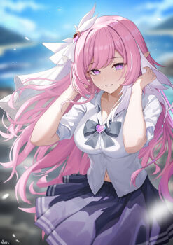 1girl absurdres alternate_costume artist_name arus black_bow black_bowtie blue_sky blurry blurry_background bow bowtie breasts chinese_commentary commentary day diamond-shaped_pupils diamond_(shape) elysia_(herrscher_of_human:_ego)_(honkai_impact) elysia_(honkai_impact) english_commentary hair_ornament hands_up highres honkai_(series) honkai_impact_3rd large_breasts light_blush long_hair looking_at_viewer md5_mismatch mixed-language_commentary multilingual_commentary navel outdoors parted_lips pink_hair pointy_ears purple_skirt shirt skirt sky smile solo symbol-shaped_pupils untucked_shirt veil very_long_hair white_shirt white_veil