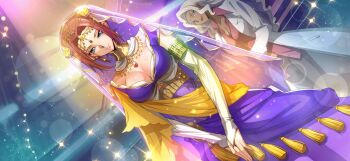 2girls arabian_clothes artist_request black_bra black_pants blonde_hair blue_eyes blue_gemstone bra bra_peek breasts bridal_gauntlets brooch cleavage closed_mouth coat code_geass code_geass:_lost_stories collared_shirt crop_top dark-skinned_female dark_skin dutch_angle earrings elbow_gloves eyeshadow facial_mark female_focus forehead_mark game_cg gem gloves gold hair_intakes half-closed_eyes happy headpiece high-waist_skirt highres indoors jewelry kouzuki_kallen lab_coat large_breasts light_particles long_hair long_skirt looking_at_another looking_at_viewer makeup multiple_girls neck_ring necklace non-web_source official_art own_hands_together pants pocket purple_shirt purple_skirt rakshata_chawla red_eyeshadow red_gemstone red_hair red_shirt sash see-through_clothes shiny_skin shirt short_hair short_sleeves sidelocks skirt smile solo_focus sparkle standing tassel underwear v_arms veil white_coat white_gloves