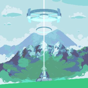 absurdres beacon cloud cloudy_sky day forest highres mountainous_horizon nature no_humans original outdoors pixel_art scenery sky structure ventiquepxl