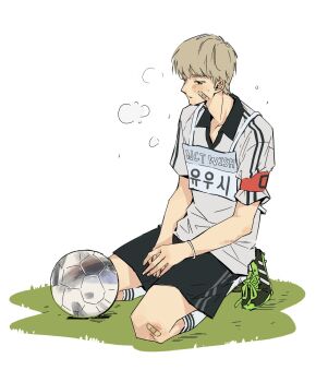 Rule 34 | 1boy, ball, bandaid, bandaid on face, bandaid on knee, bandaid on leg, blonde hair, bracelet, collared shirt, commentary, full body, highres, jewelry, kneehighs, kneeling, korean text, male focus, original, shirt, short hair, shorts, soccer ball, soccer uniform, socks, solo, sportswear, untranslatable commentary, white background, xhx030302